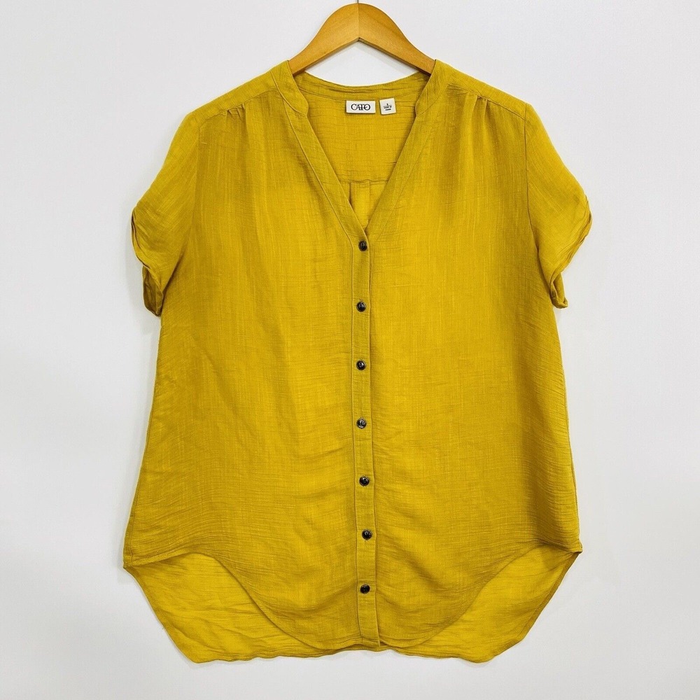 Cato‎ Womens Blouse Top Small Yellow Cap Sleeve V-Neck Button-up